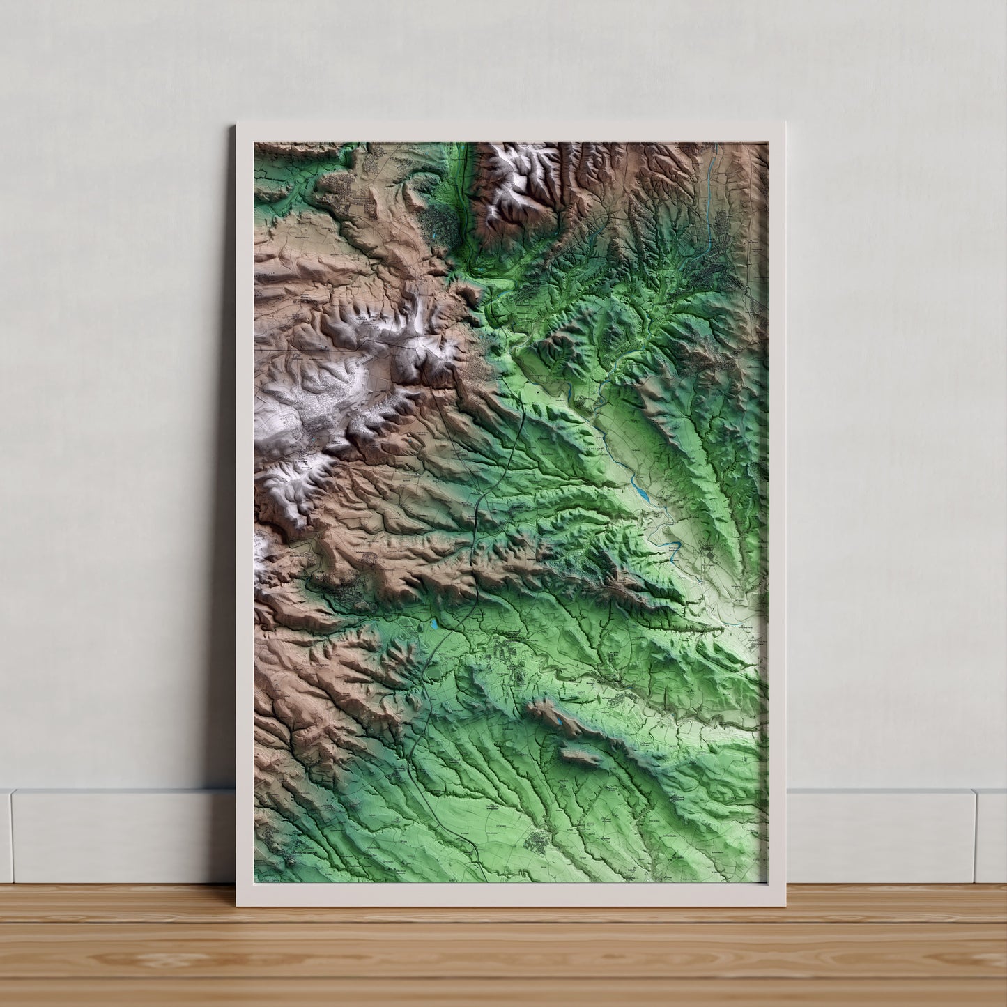 Mapa artístico del relieve de Cabrera d'Anoia, al Anoia, con 15 km de entorno y base topográfica ICGC. Presentación enmarcada.