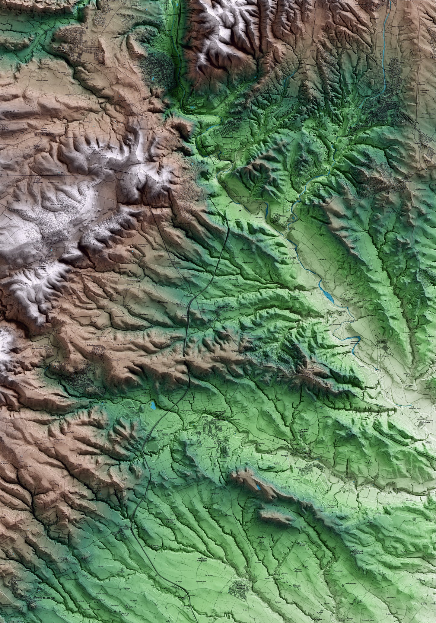 Mapa artístico del relieve de Cabrera d'Anoia, al Anoia, con 15 km de entorno y base topográfica ICGC