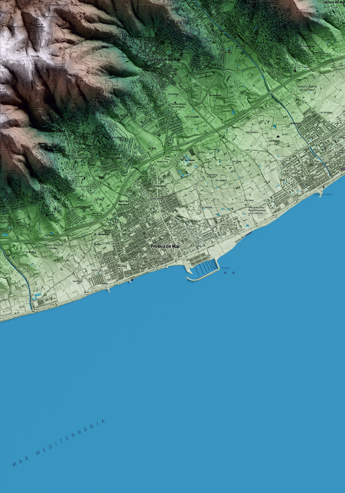 Mapa artístico del relieve de Cabrera de Mar, al Maresme, con 15 km de entorno y base topográfica ICGC. Detalle de la zona inferior izquierda.