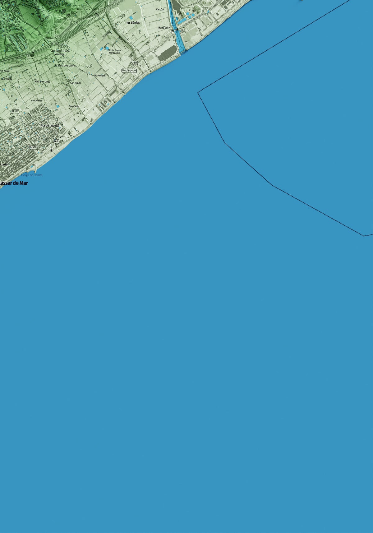 Mapa artístico del relieve de Cabrera de Mar, al Maresme, con 15 km de entorno y base topográfica ICGC. Detalle de la zona inferior derecha.