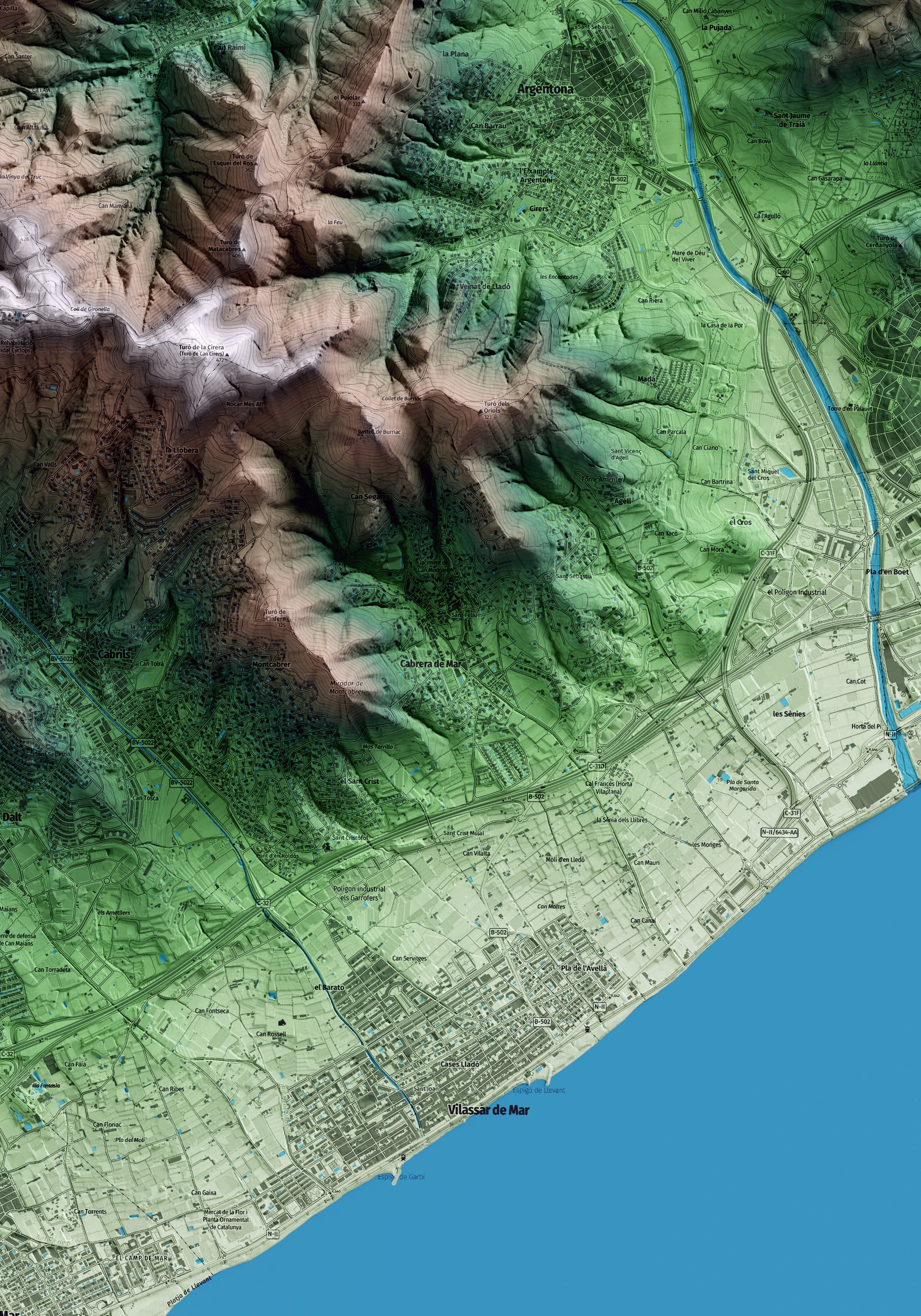 Mapa artístico del relieve de Cabrera de Mar, al Maresme, con 15 km de entorno y base topográfica ICGC. Detalle de la zona central.