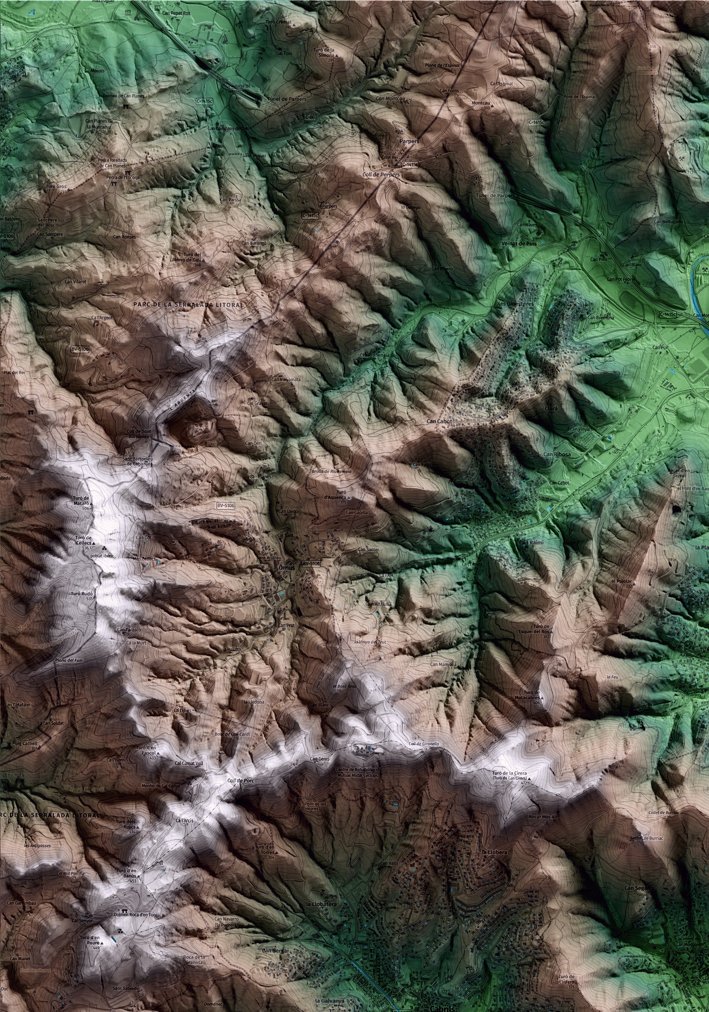 Mapa artístico del relieve de Cabrera de Mar, al Maresme, con 15 km de entorno y base topográfica ICGC. Detalle de la zona superior izquierda.