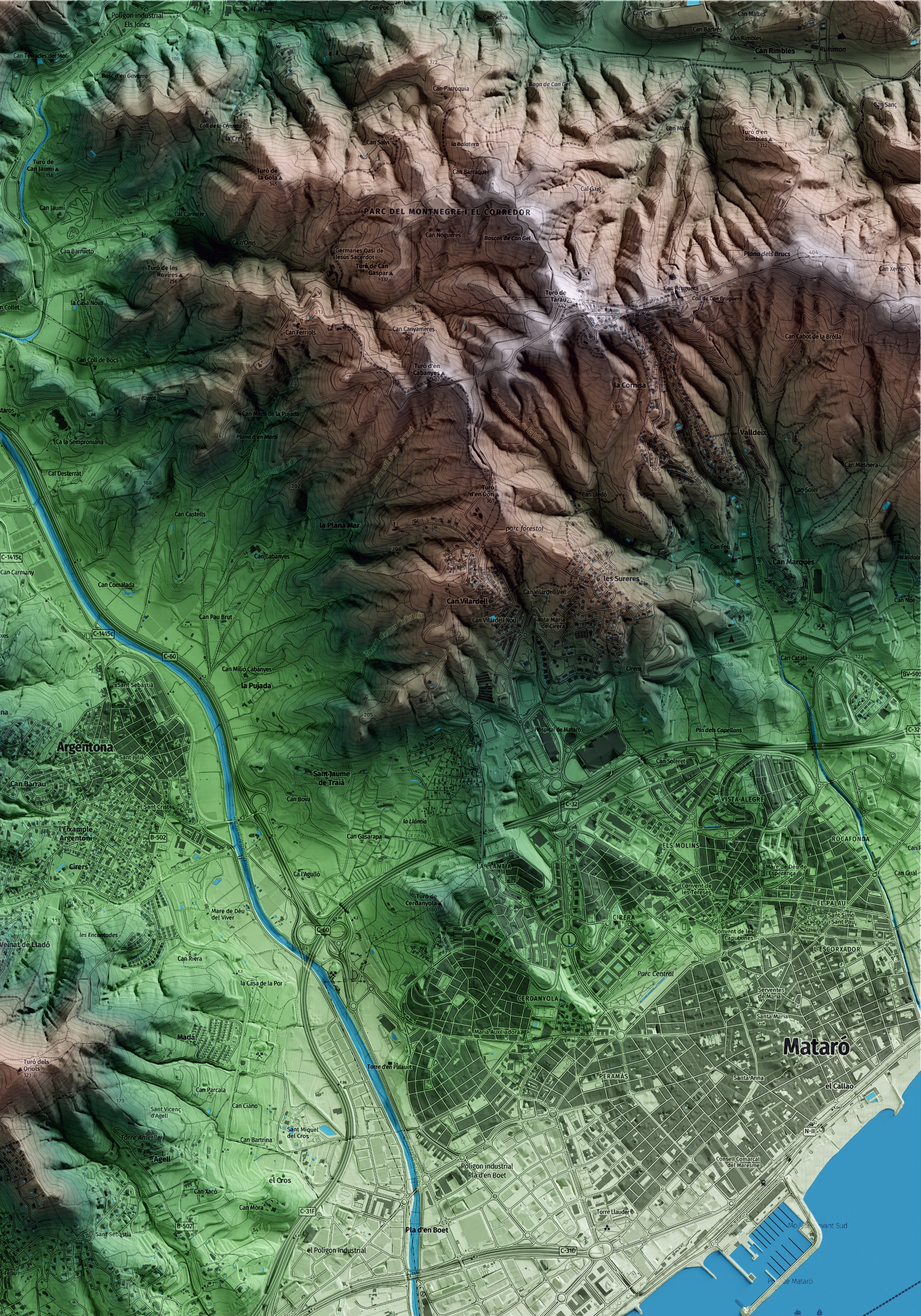 Mapa artístico del relieve de Cabrera de Mar, al Maresme, con 15 km de entorno y base topográfica ICGC. Detalle de la zona superior derecha.