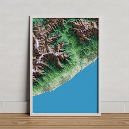 Mapa artístico del relieve de Cabrera de Mar, al Maresme, con 15 km de entorno y base topográfica ICGC. Presentación enmarcada.