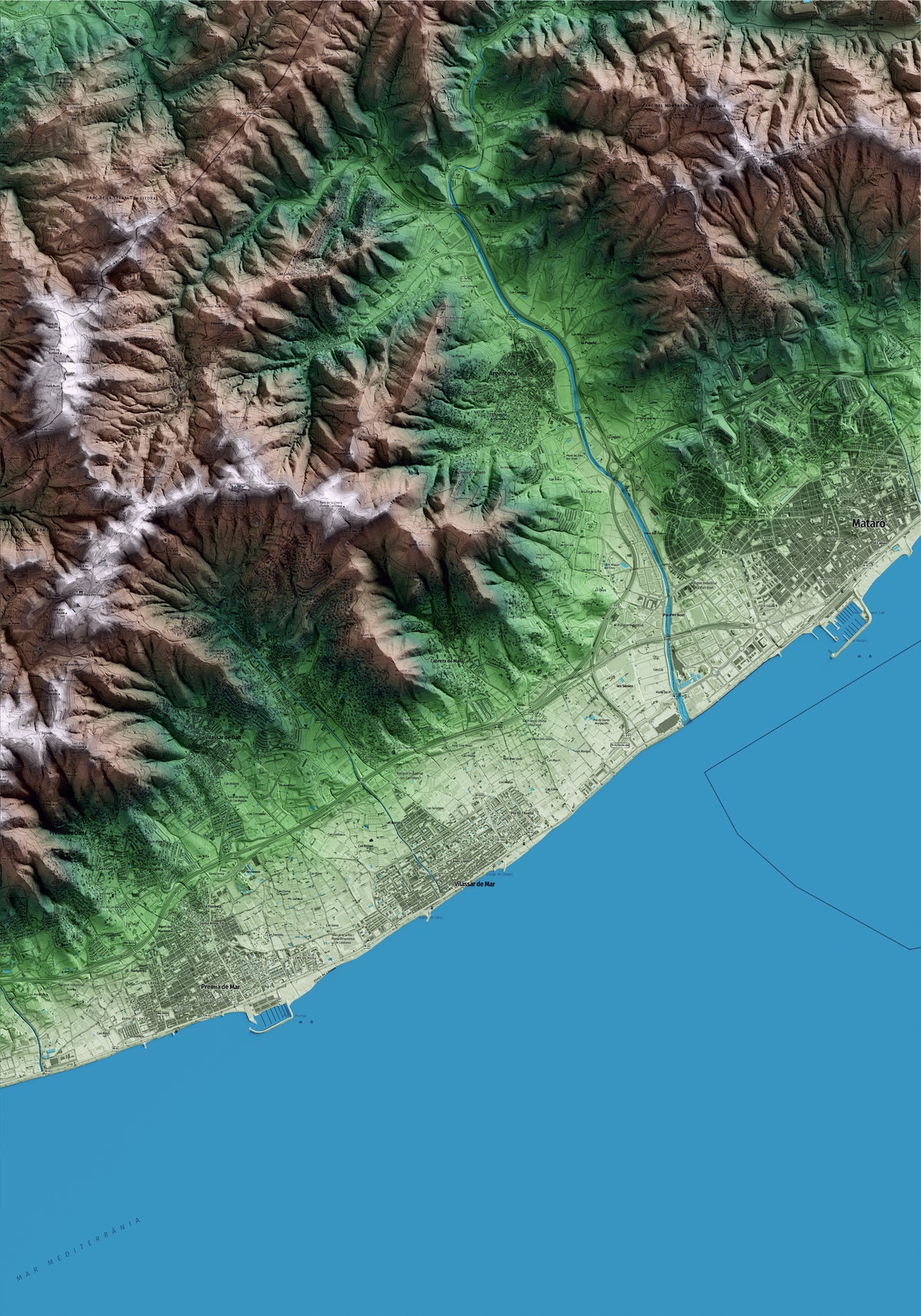 Mapa artístico del relieve de Cabrera de Mar, al Maresme, con 15 km de entorno y base topográfica ICGC