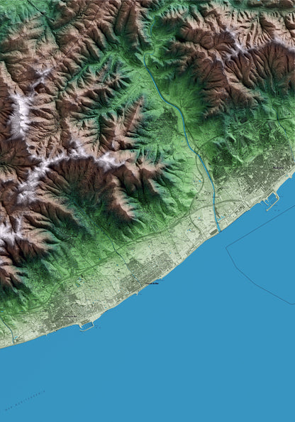 Mapa artístico del relieve de Cabrera de Mar, al Maresme, con 15 km de entorno y base topográfica ICGC