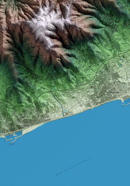 Mapa artístico del relieve de Cabrils, al Maresme, con 15 km de entorno y base topográfica ICGC. Detalle de la zona inferior izquierda.