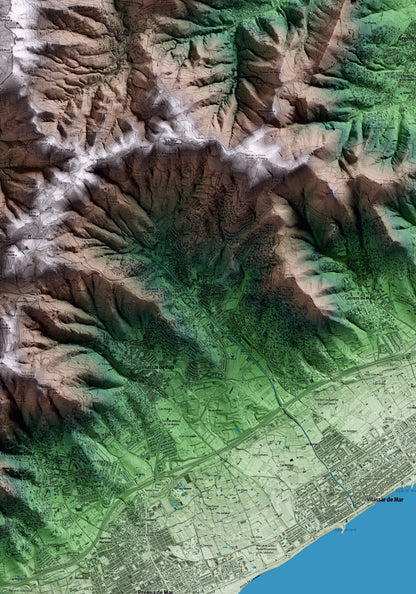 Mapa artístico del relieve de Cabrils, al Maresme, con 15 km de entorno y base topográfica ICGC. Detalle de la zona central.