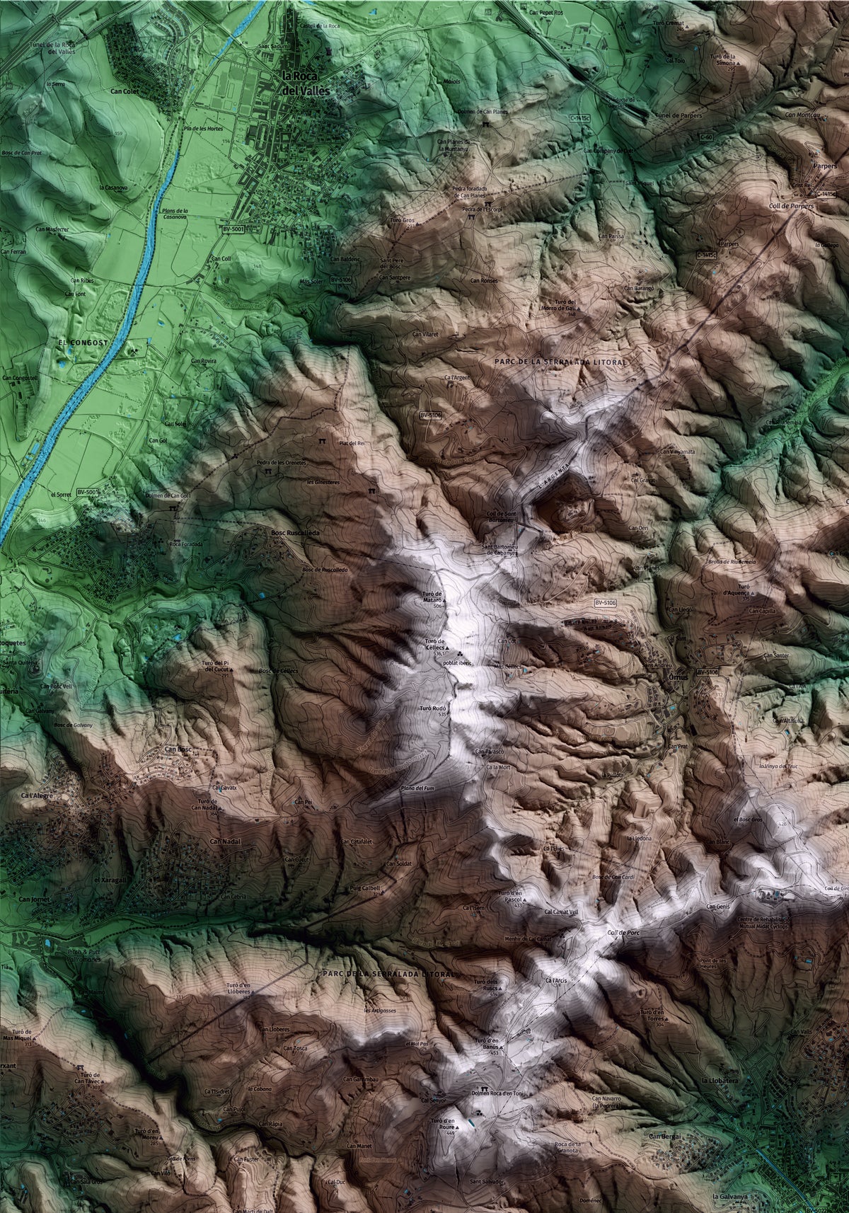 Mapa artístico del relieve de Cabrils, al Maresme, con 15 km de entorno y base topográfica ICGC. Detalle de la zona superior izquierda.