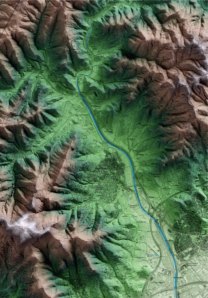 Mapa artístico del relieve de Cabrils, al Maresme, con 15 km de entorno y base topográfica ICGC. Detalle de la zona superior derecha.