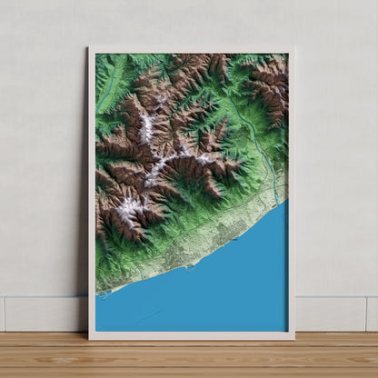 Mapa artístico del relieve de Cabrils, al Maresme, con 15 km de entorno y base topográfica ICGC. Presentación enmarcada.