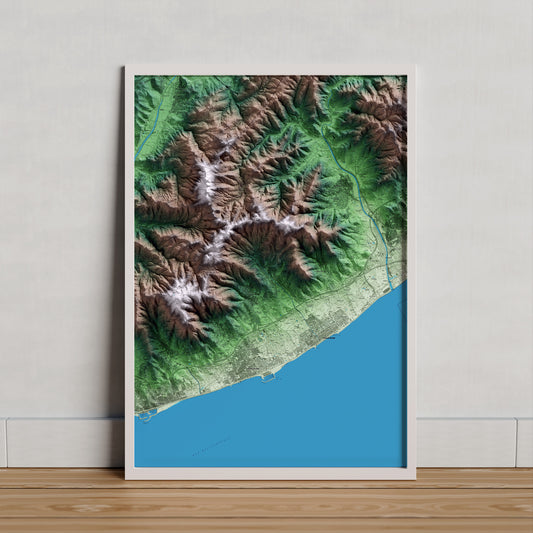 Mapa artístico del relieve de Cabrils, al Maresme, con 15 km de entorno y base topográfica ICGC. Presentación enmarcada.
