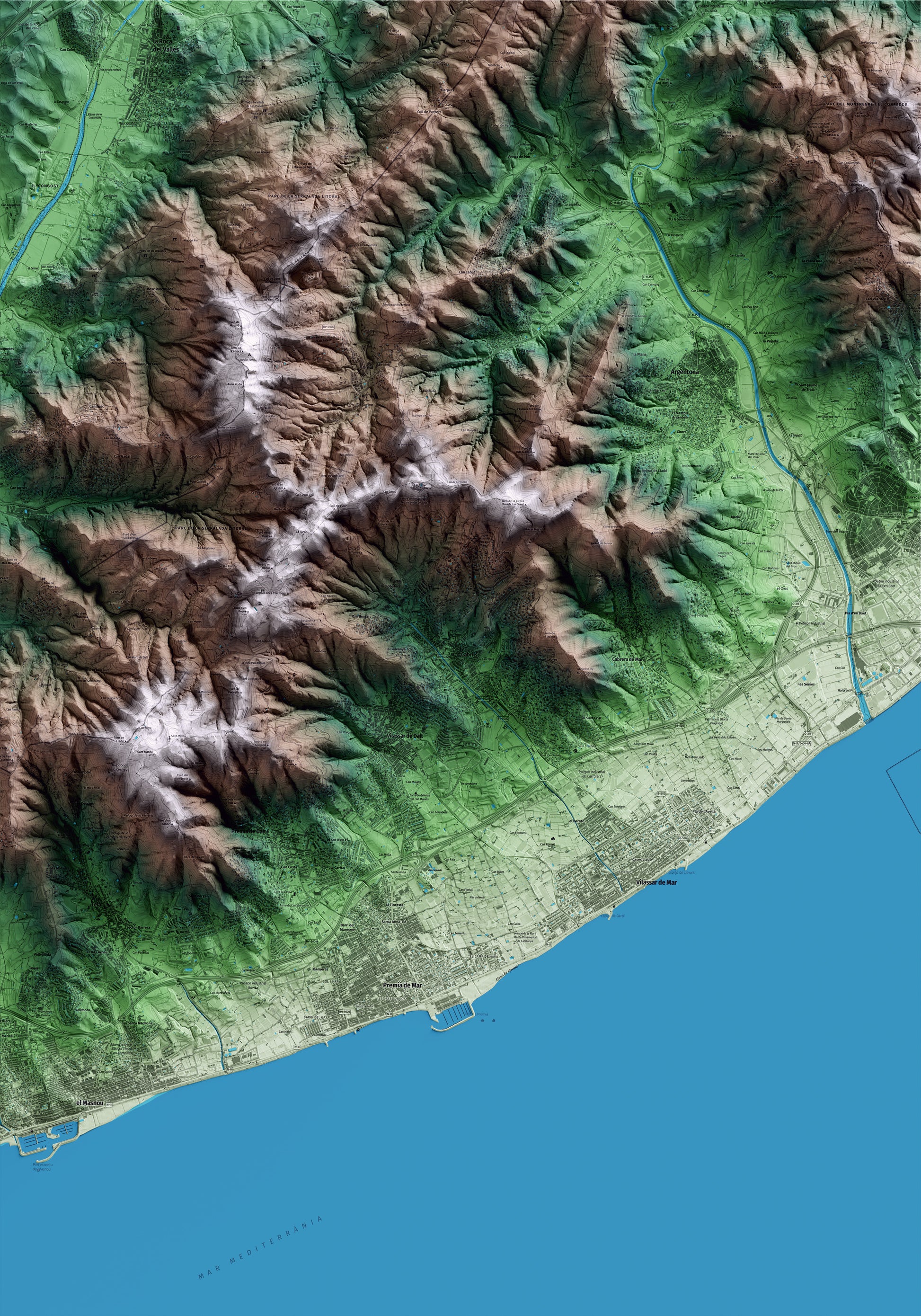 Mapa artístico del relieve de Cabrils, al Maresme, con 15 km de entorno y base topográfica ICGC