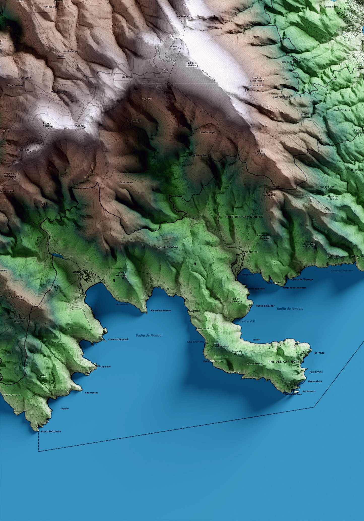Mapa artístico del relieve de Cadaqués, al Alt Empordà, con 15 km de entorno y base topográfica ICGC. Detalle de la zona inferior izquierda.
