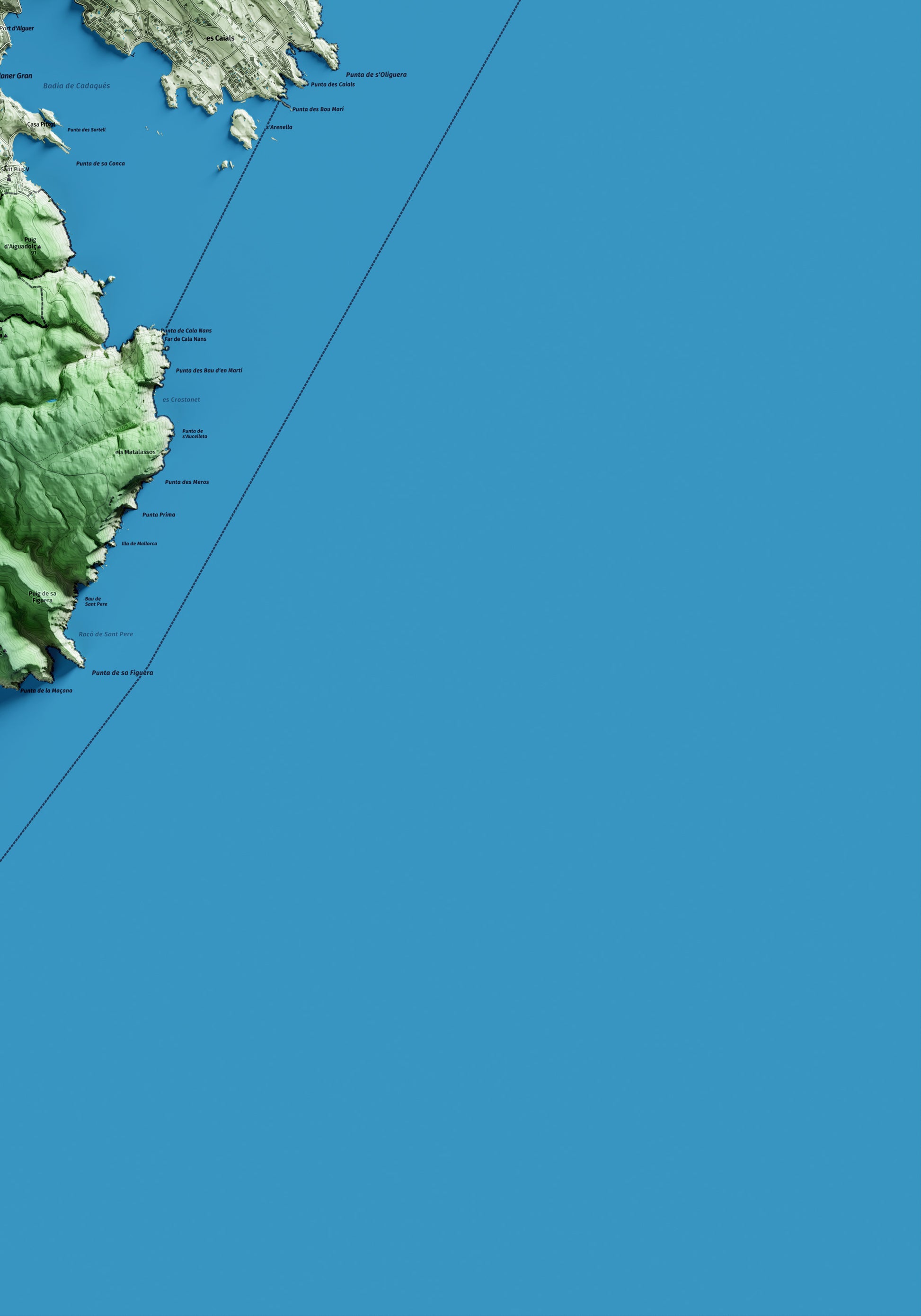 Mapa artístico del relieve de Cadaqués, al Alt Empordà, con 15 km de entorno y base topográfica ICGC. Detalle de la zona inferior derecha.