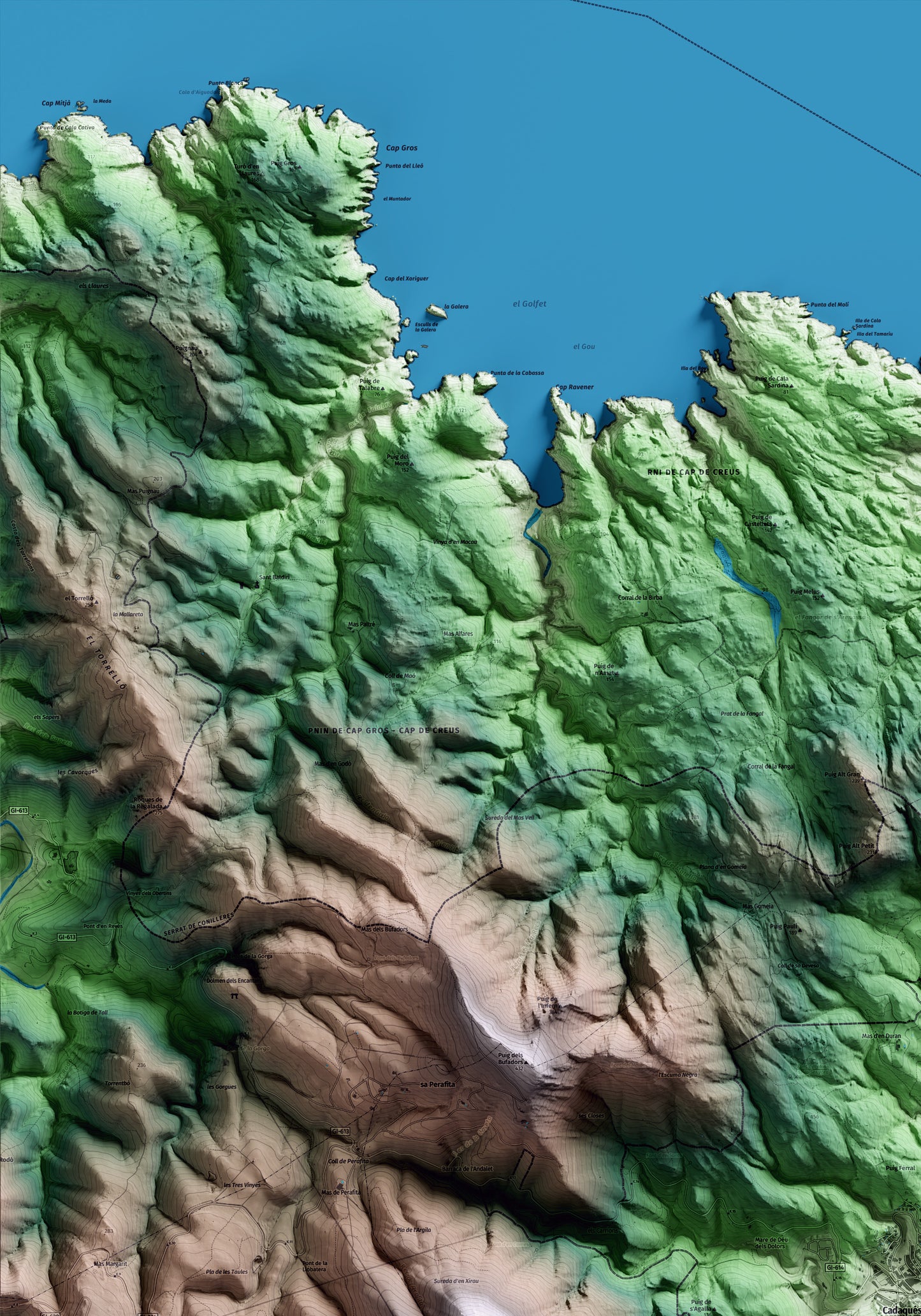 Mapa artístico del relieve de Cadaqués, al Alt Empordà, con 15 km de entorno y base topográfica ICGC. Detalle de la zona superior izquierda.
