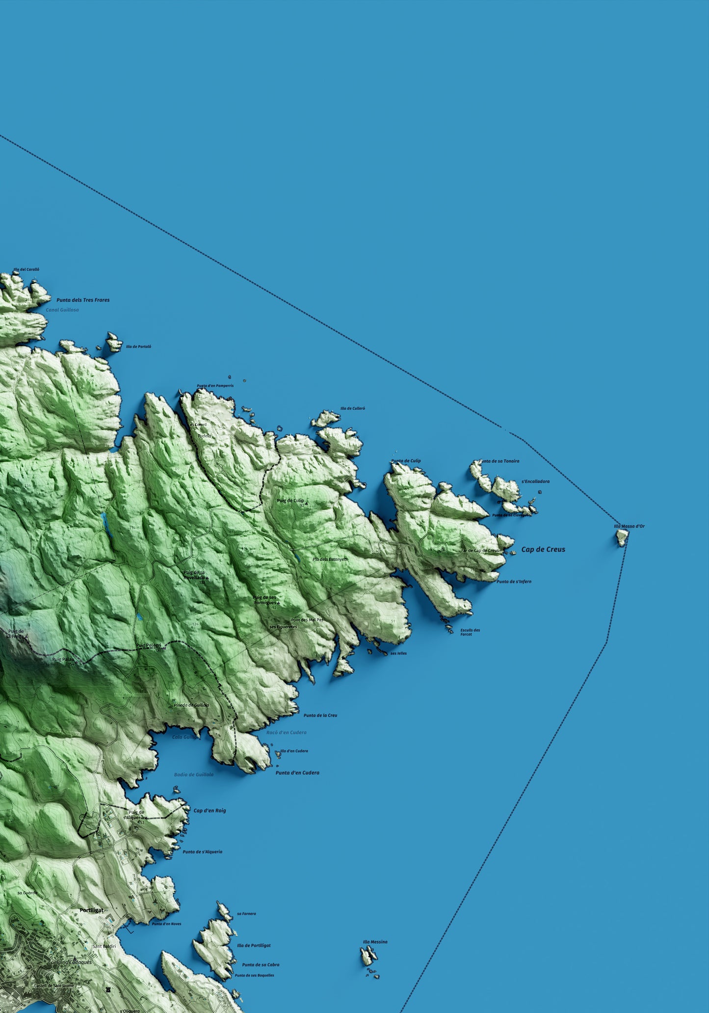 Mapa artístico del relieve de Cadaqués, al Alt Empordà, con 15 km de entorno y base topográfica ICGC. Detalle de la zona superior derecha.