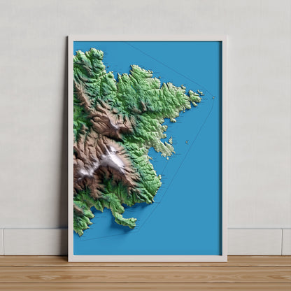 Mapa artístico del relieve de Cadaqués, al Alt Empordà, con 15 km de entorno y base topográfica ICGC. Presentación enmarcada.