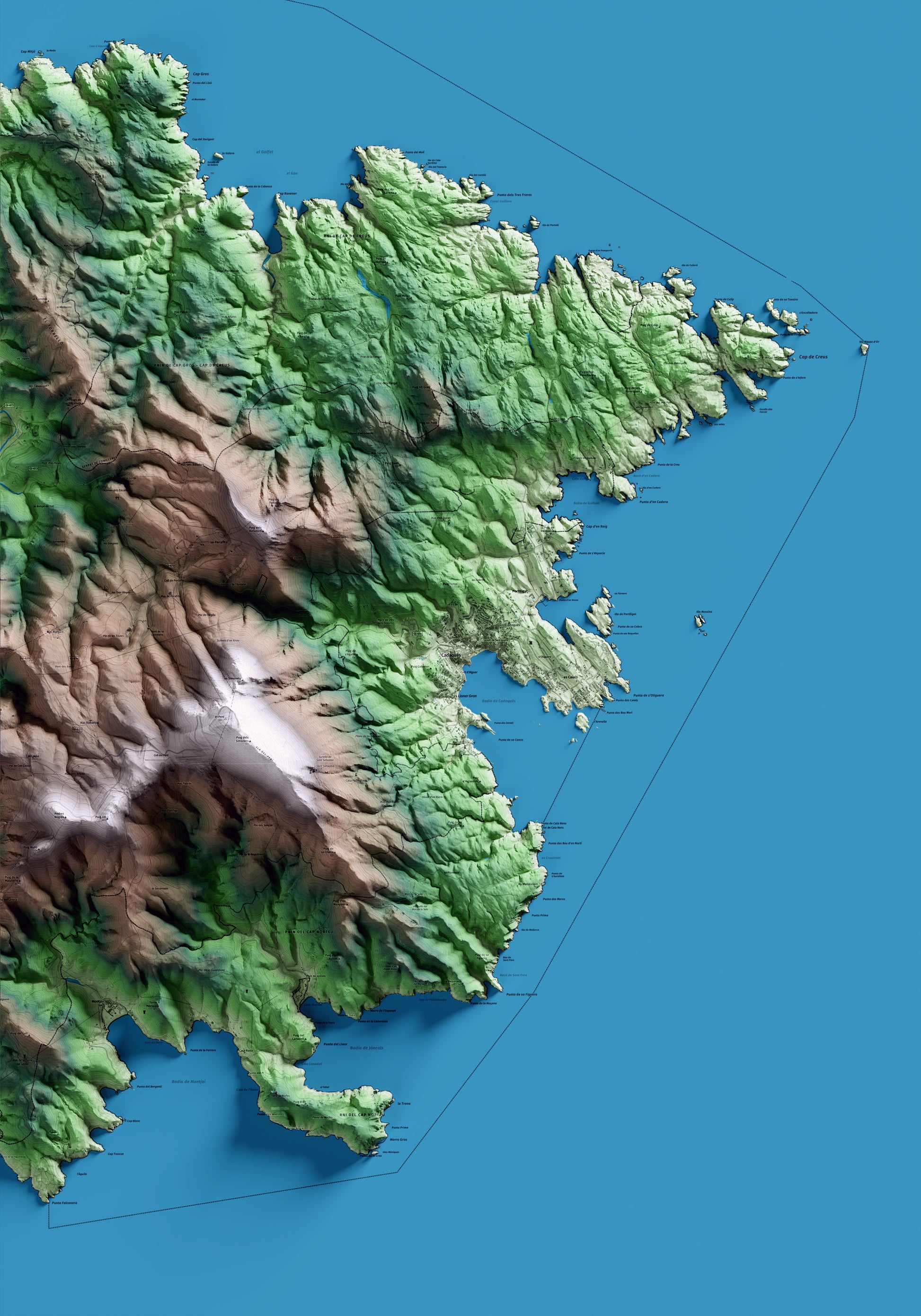 Mapa artístico del relieve de Cadaqués, al Alt Empordà, con 15 km de entorno y base topográfica ICGC