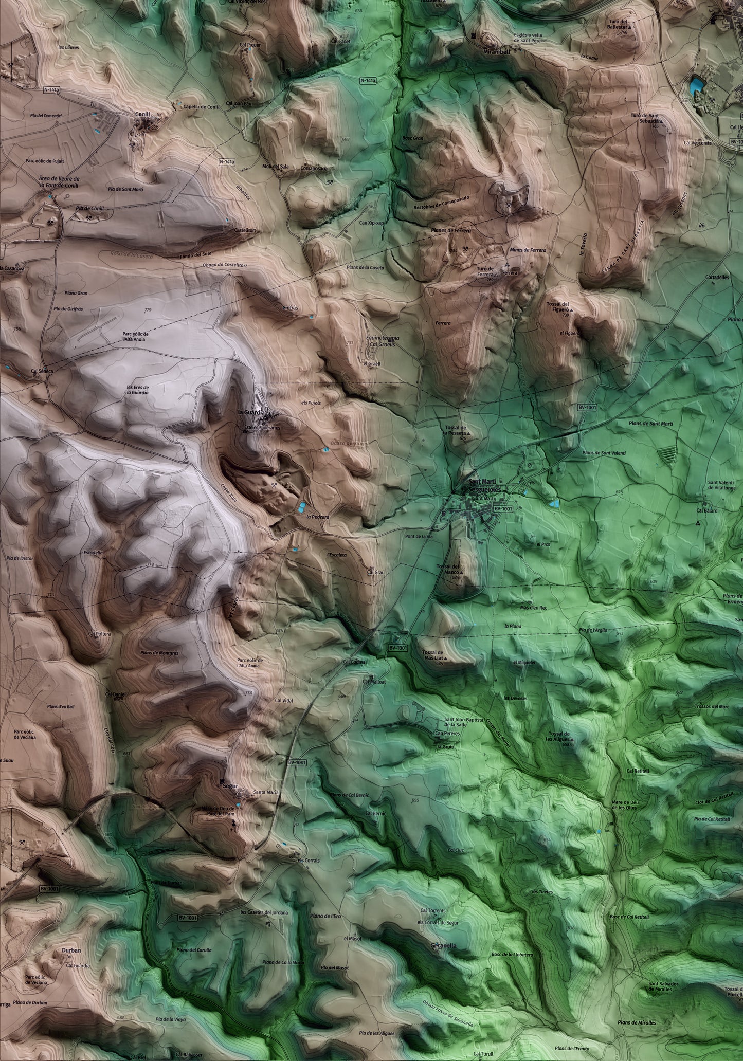 Mapa artístico del relieve de Calaf, al Anoia, con 15 km de entorno y base topográfica ICGC. Detalle de la zona inferior izquierda.