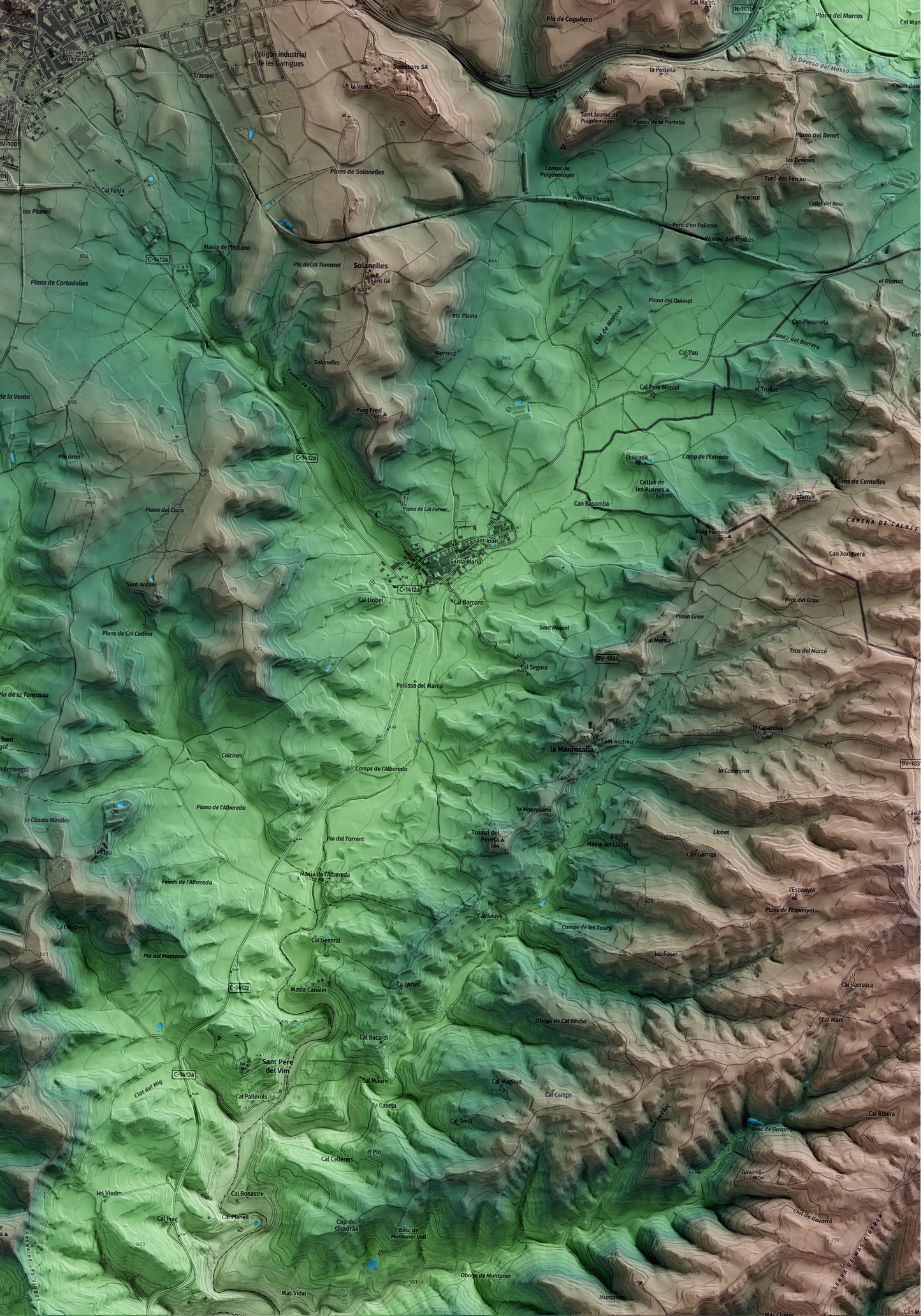 Mapa artístico del relieve de Calaf, al Anoia, con 15 km de entorno y base topográfica ICGC. Detalle de la zona inferior derecha.