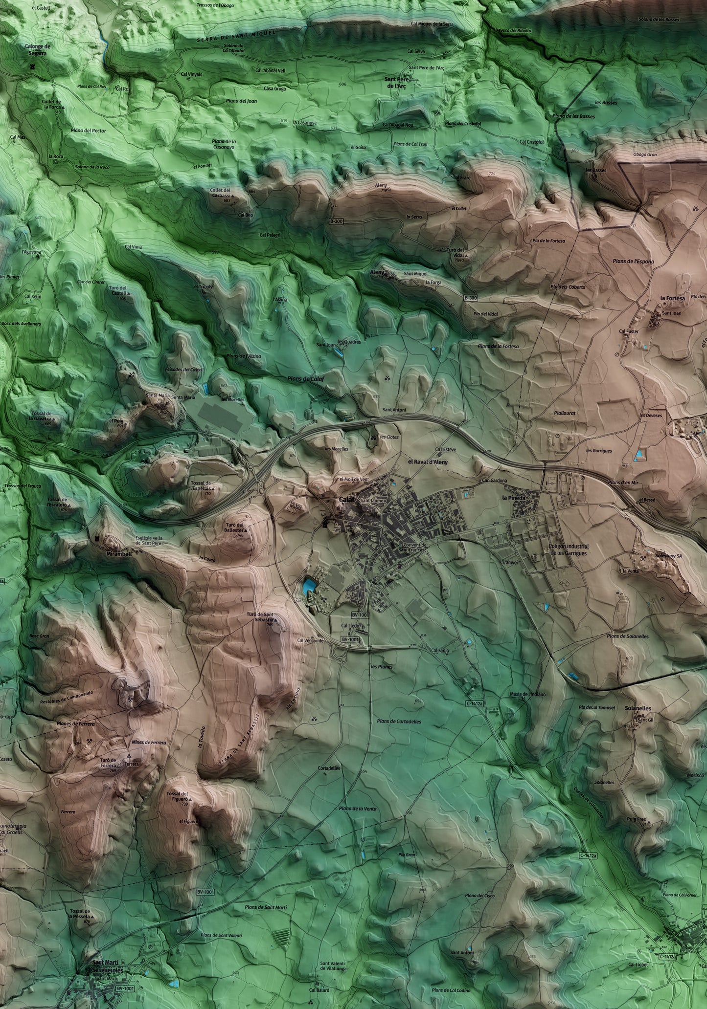 Mapa artístico del relieve de Calaf, al Anoia, con 15 km de entorno y base topográfica ICGC. Detalle de la zona central.