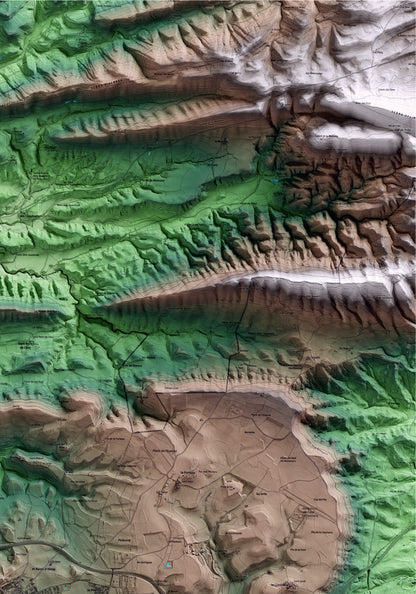 Mapa artístico del relieve de Calaf, al Anoia, con 15 km de entorno y base topográfica ICGC. Detalle de la zona superior derecha.