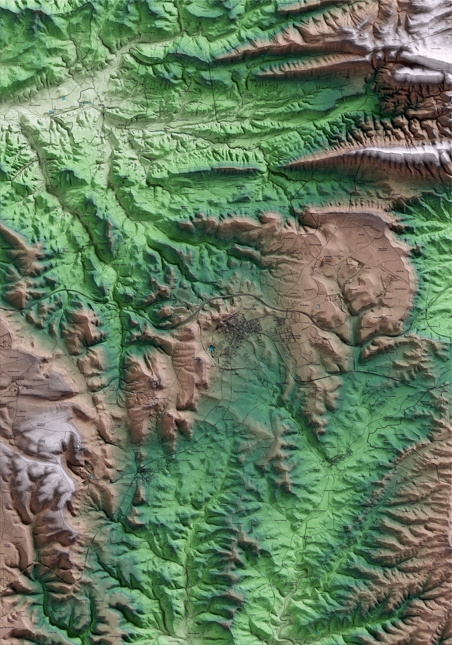 Mapa artístico del relieve de Calaf, al Anoia, con 15 km de entorno y base topográfica ICGC