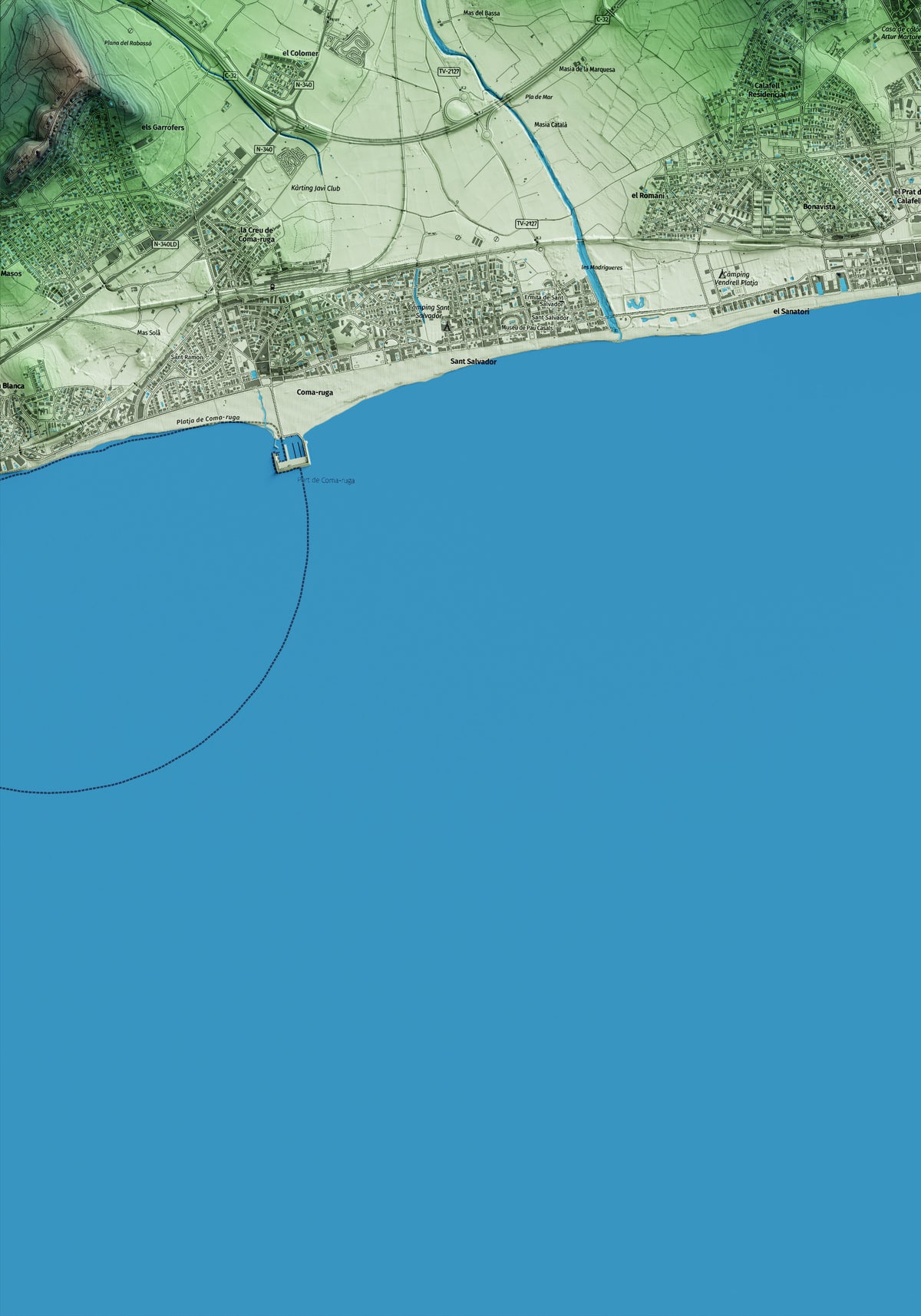 Mapa artístico del relieve de Calafell, al Baix Penedès, con 15 km de entorno y base topográfica ICGC. Detalle de la zona inferior izquierda.