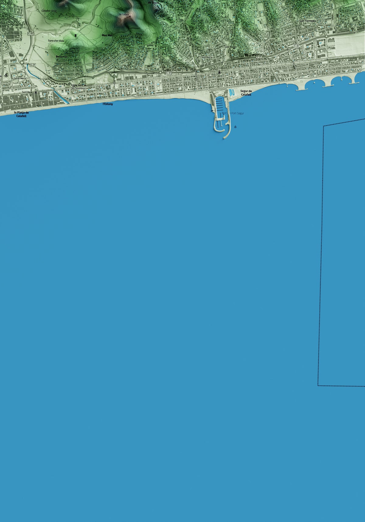 Mapa artístico del relieve de Calafell, al Baix Penedès, con 15 km de entorno y base topográfica ICGC. Detalle de la zona inferior derecha.