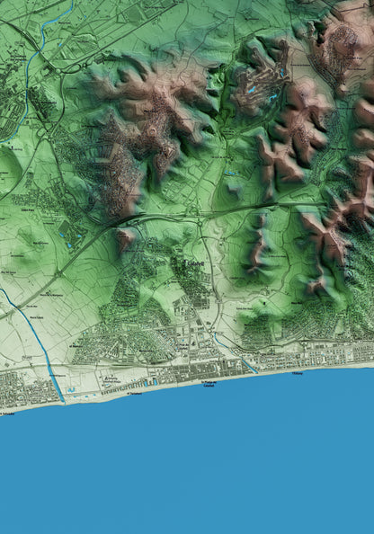 Mapa artístico del relieve de Calafell, al Baix Penedès, con 15 km de entorno y base topográfica ICGC. Detalle de la zona central.