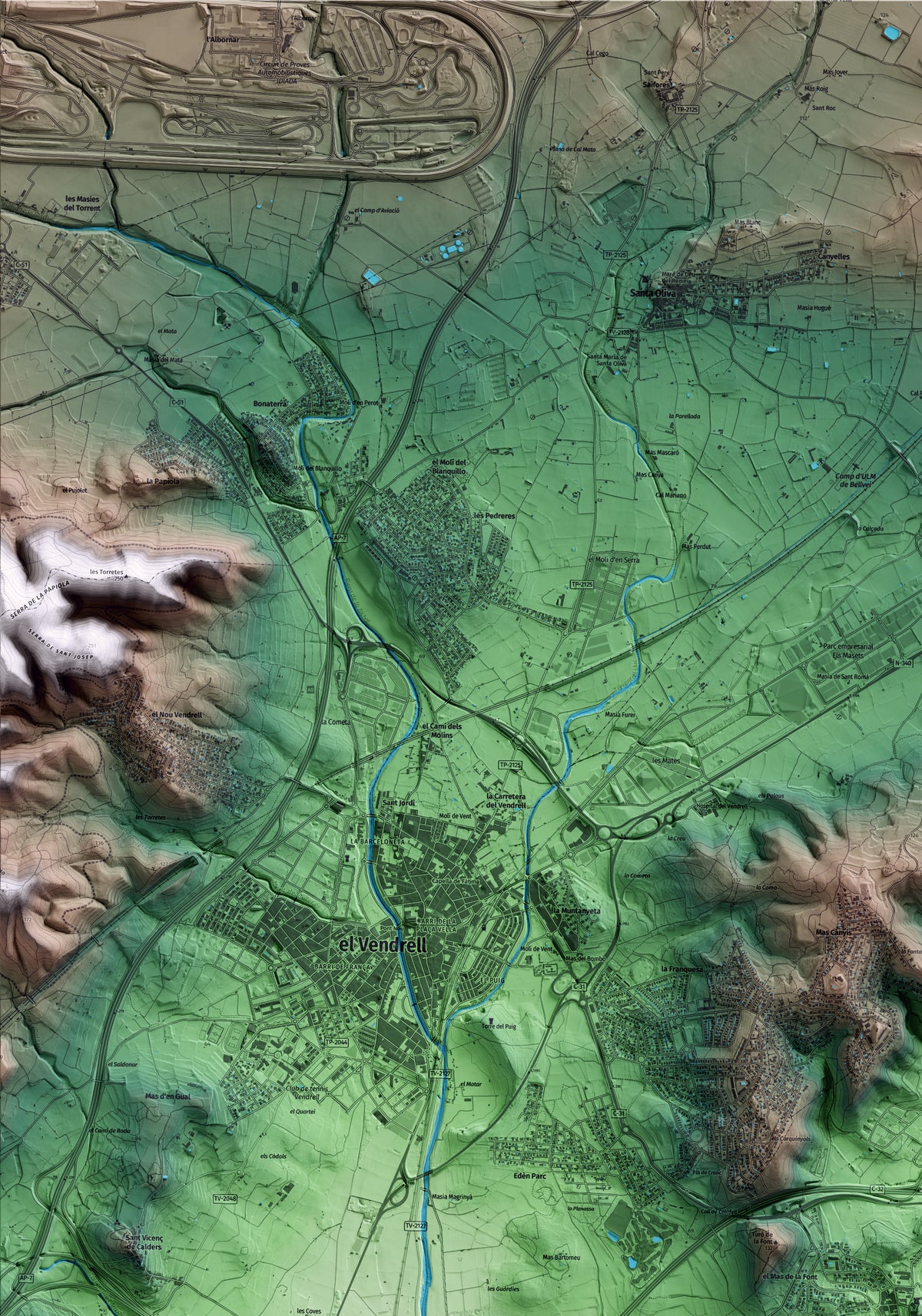 Mapa artístico del relieve de Calafell, al Baix Penedès, con 15 km de entorno y base topográfica ICGC. Detalle de la zona superior izquierda.