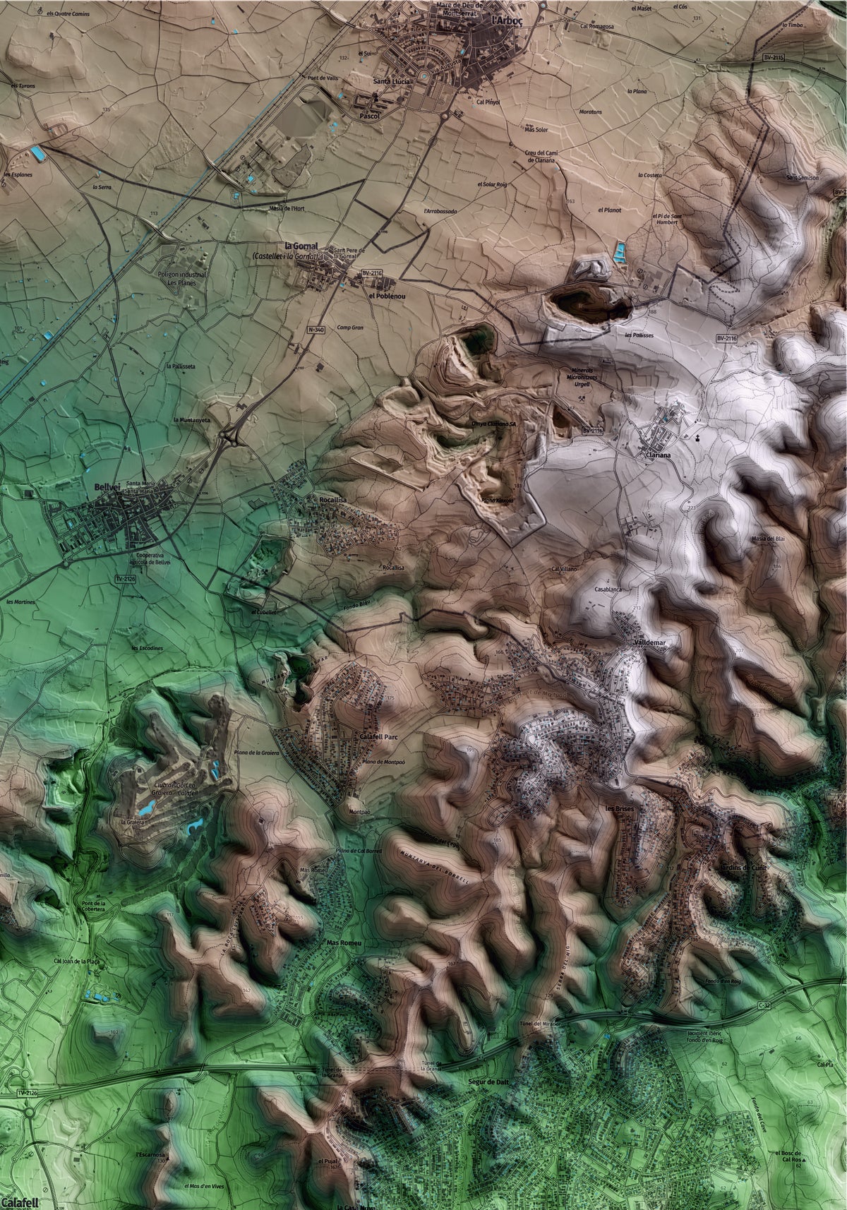 Mapa artístico del relieve de Calafell, al Baix Penedès, con 15 km de entorno y base topográfica ICGC. Detalle de la zona superior derecha.
