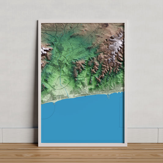 Mapa artístico del relieve de Calafell, al Baix Penedès, con 15 km de entorno y base topográfica ICGC. Presentación enmarcada.