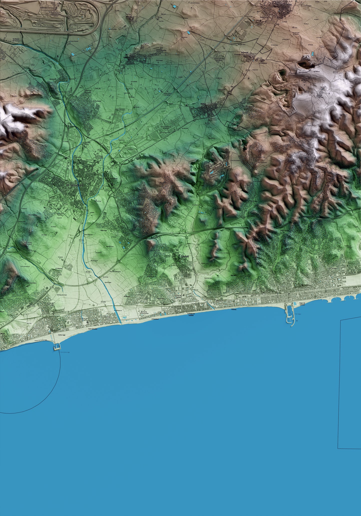 Mapa artístico del relieve de Calafell, al Baix Penedès, con 15 km de entorno y base topográfica ICGC