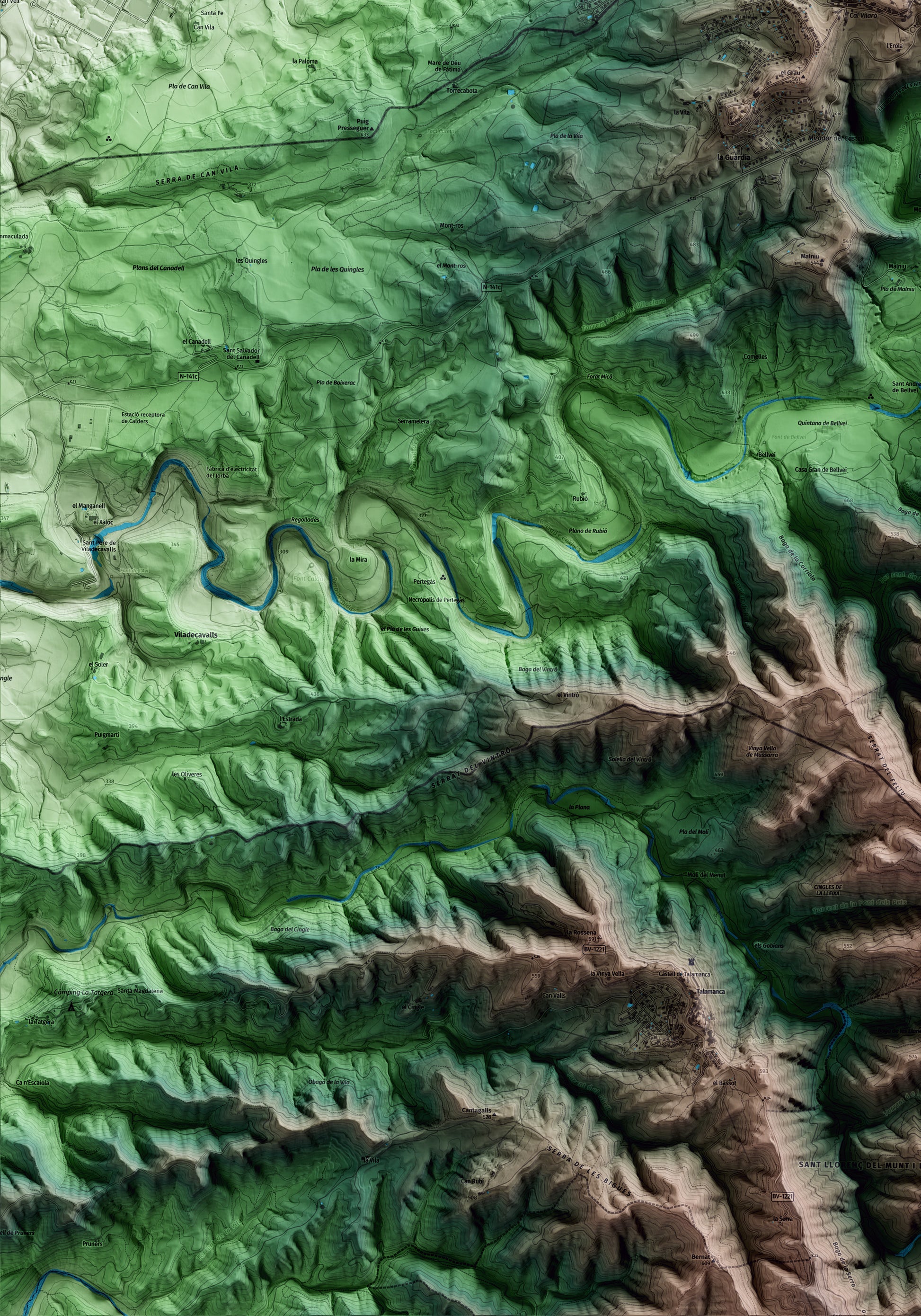 Mapa artístico del relieve de Calders, al Moianès, con 15 km de entorno y base topográfica ICGC. Detalle de la zona inferior izquierda.
