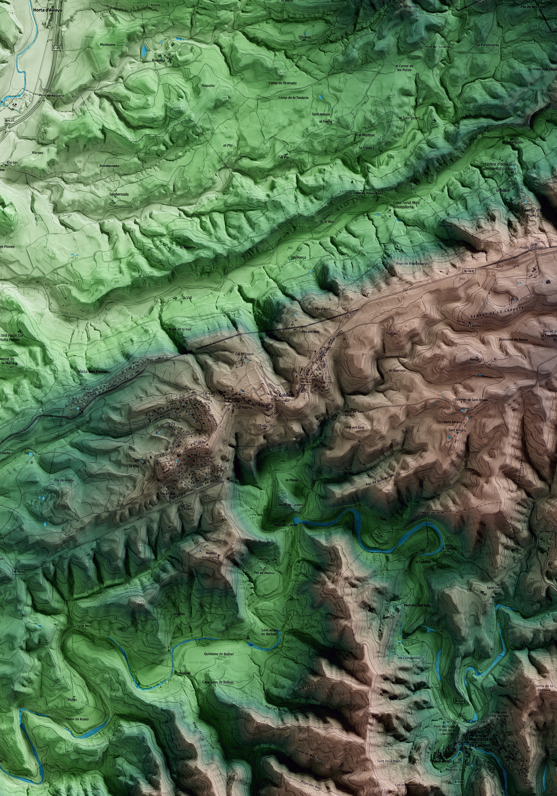 Mapa artístico del relieve de Calders, al Moianès, con 15 km de entorno y base topográfica ICGC. Detalle de la zona central.