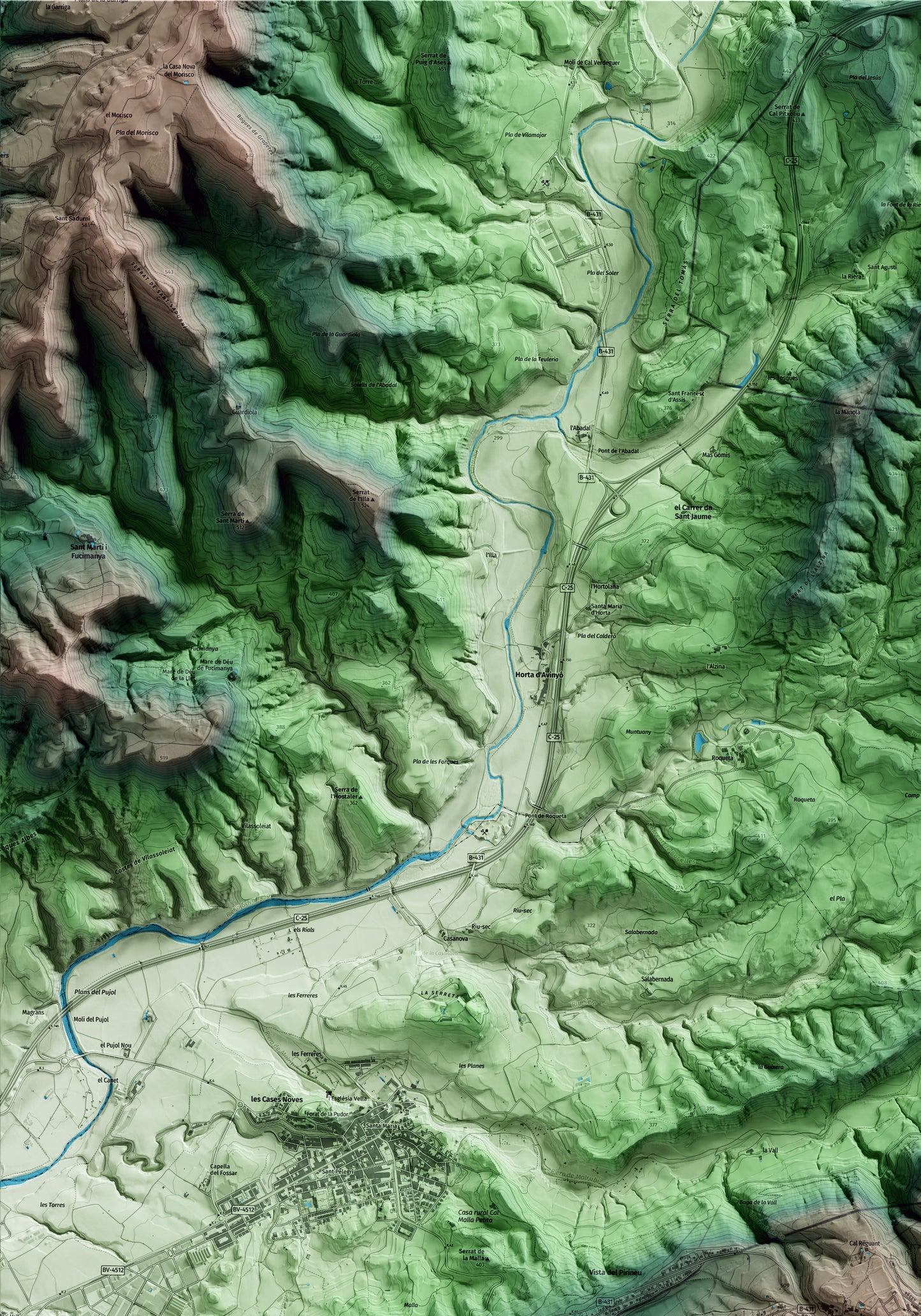 Mapa artístico del relieve de Calders, al Moianès, con 15 km de entorno y base topográfica ICGC. Detalle de la zona superior izquierda.