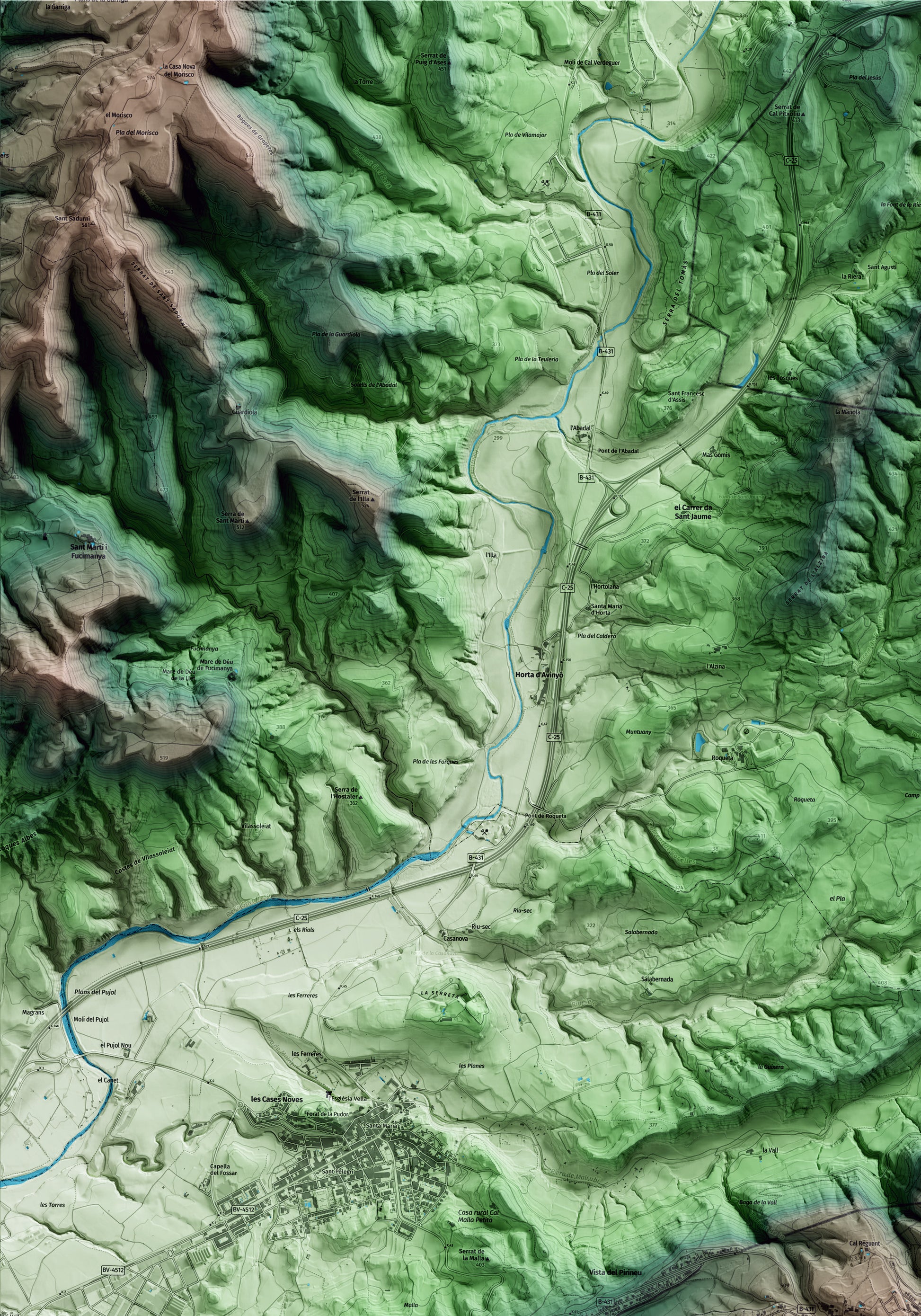 Mapa artístico del relieve de Calders, al Moianès, con 15 km de entorno y base topográfica ICGC. Detalle de la zona superior izquierda.