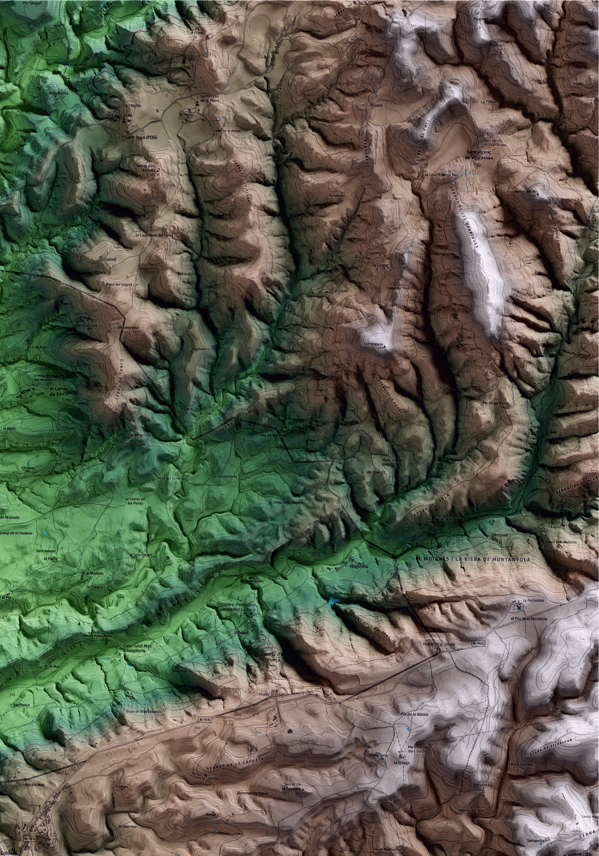 Mapa artístico del relieve de Calders, al Moianès, con 15 km de entorno y base topográfica ICGC. Detalle de la zona superior derecha.