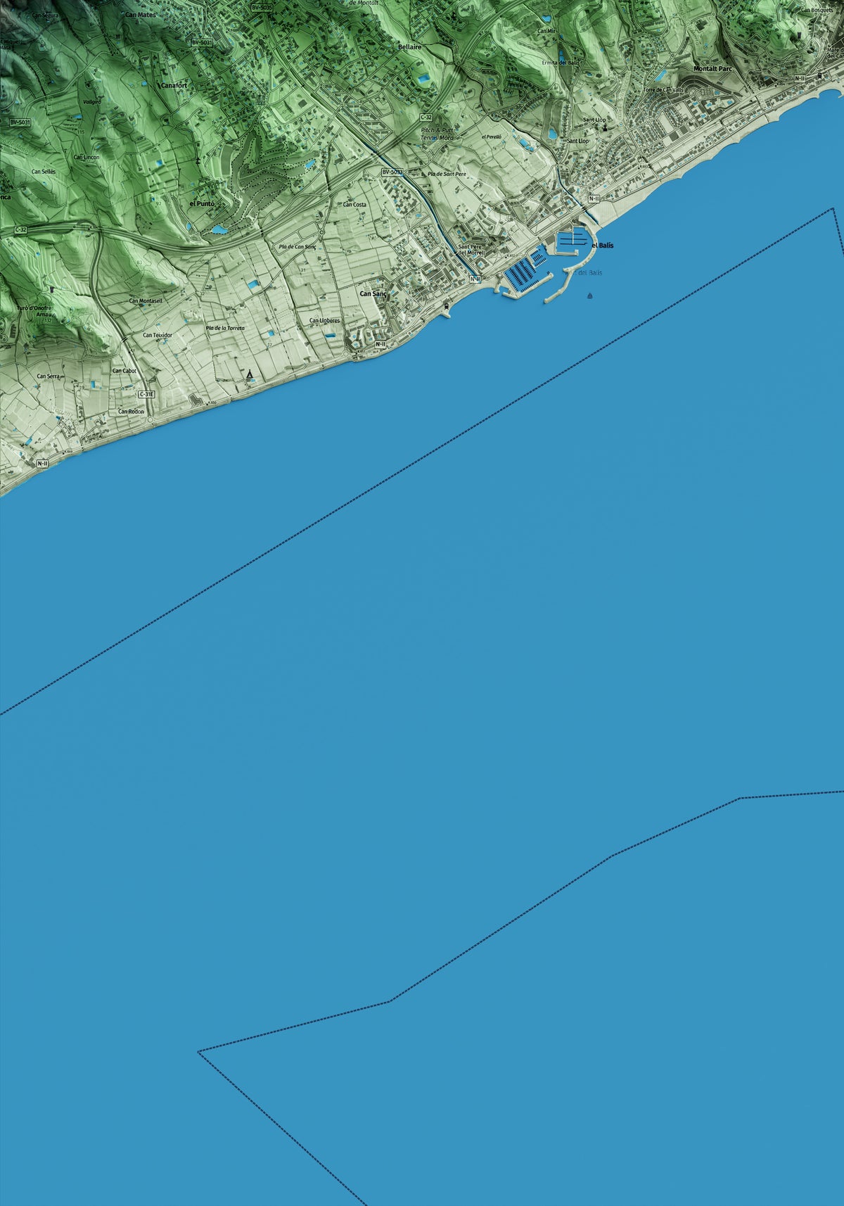 Mapa artístico del relieve de Caldes d'Estrac, al Maresme, con 15 km de entorno y base topográfica ICGC. Detalle de la zona inferior izquierda.