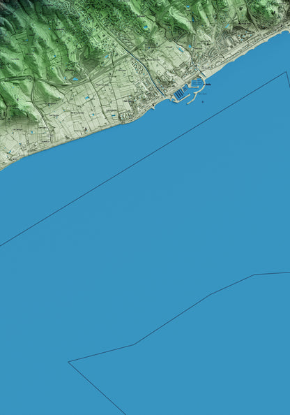 Mapa artístico del relieve de Caldes d'Estrac, al Maresme, con 15 km de entorno y base topográfica ICGC. Detalle de la zona inferior izquierda.