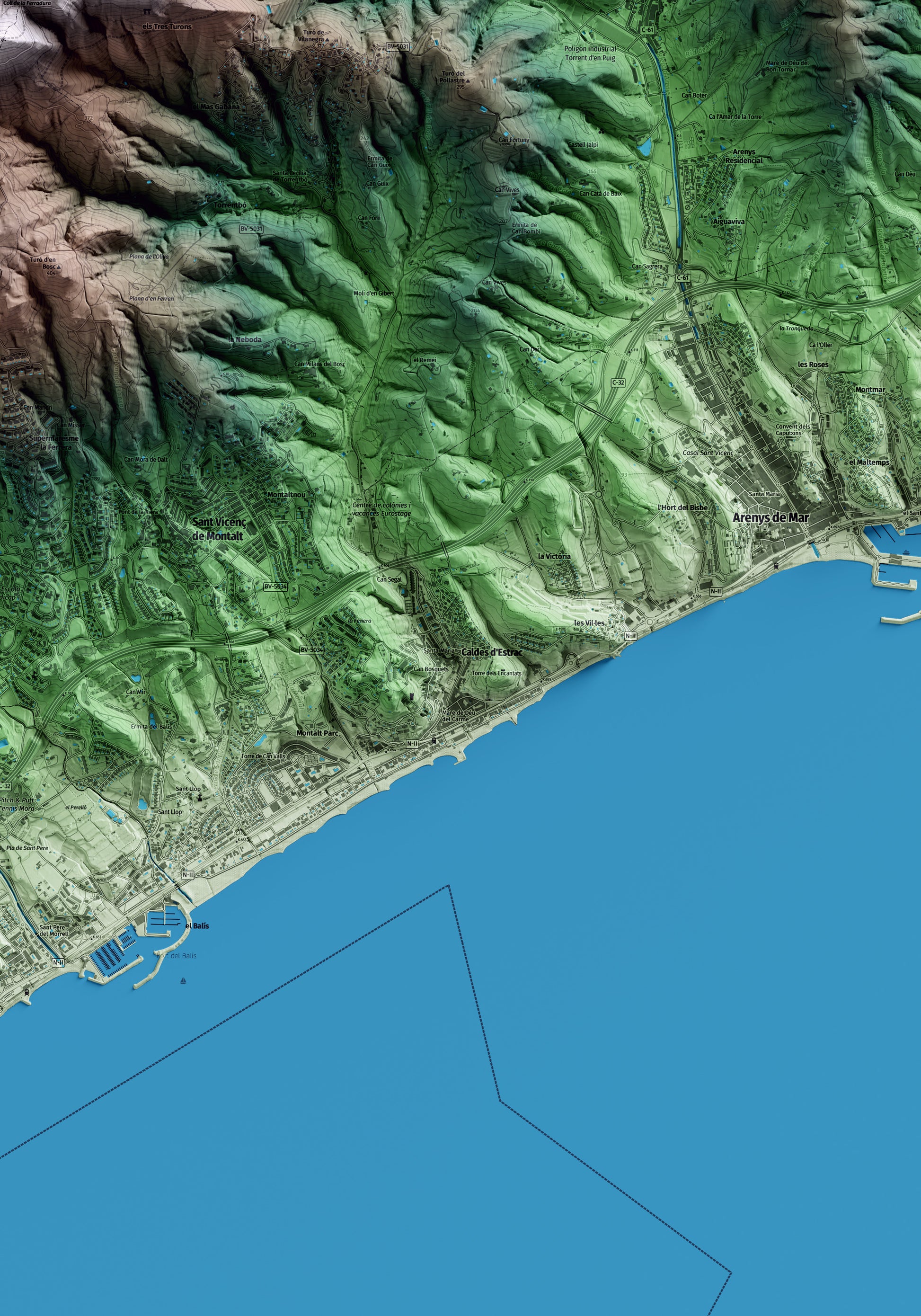 Mapa artístico del relieve de Caldes d'Estrac, al Maresme, con 15 km de entorno y base topográfica ICGC. Detalle de la zona central.