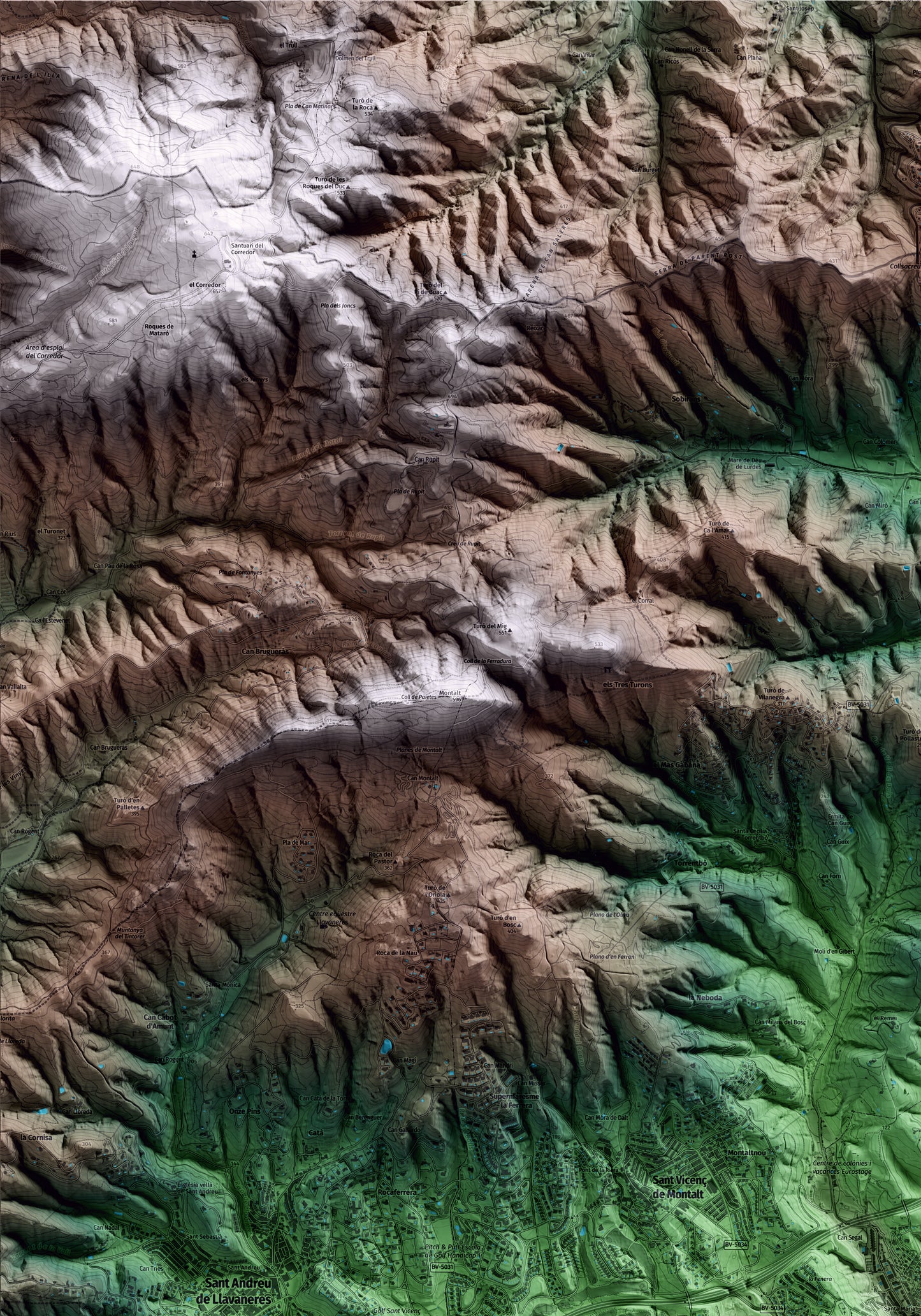 Mapa artístico del relieve de Caldes d'Estrac, al Maresme, con 15 km de entorno y base topográfica ICGC. Detalle de la zona superior izquierda.