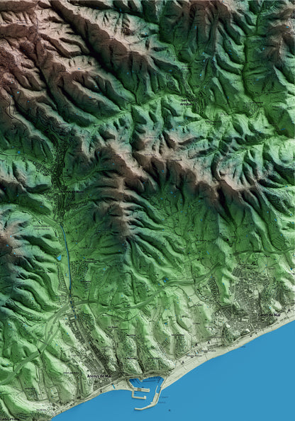Mapa artístico del relieve de Caldes d'Estrac, al Maresme, con 15 km de entorno y base topográfica ICGC. Detalle de la zona superior derecha.