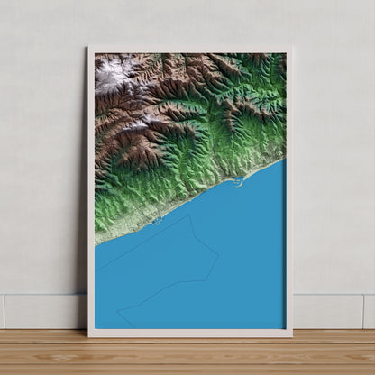 Mapa artístico del relieve de Caldes d'Estrac, al Maresme, con 15 km de entorno y base topográfica ICGC. Presentación enmarcada.