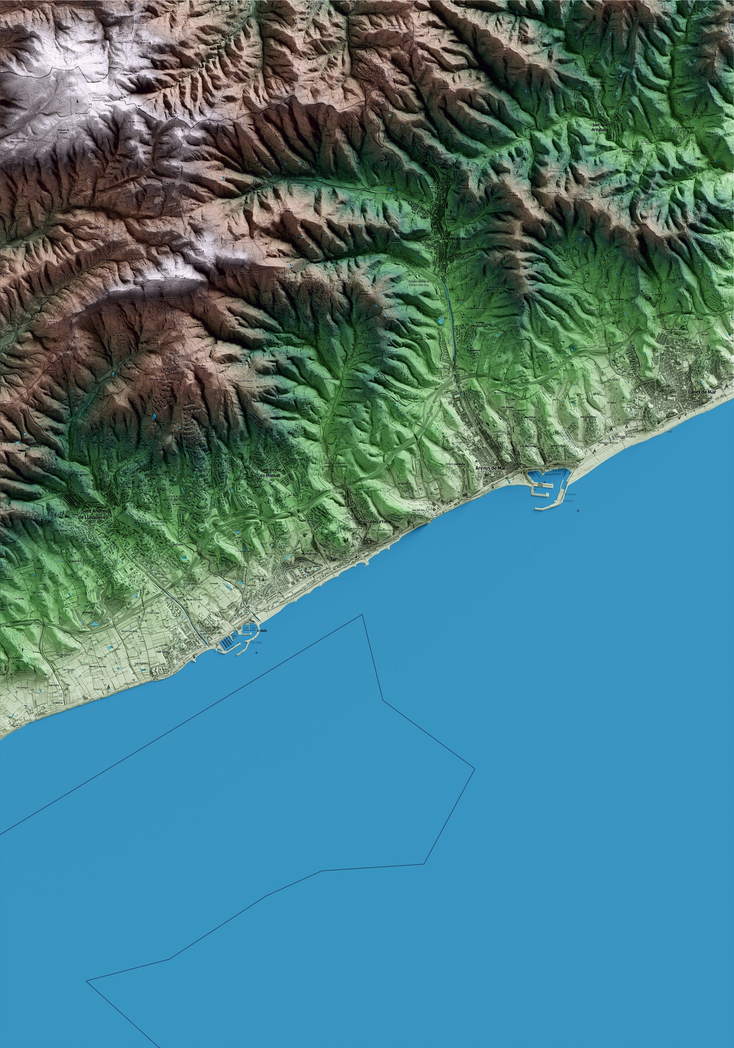 Mapa artístico del relieve de Caldes d'Estrac, al Maresme, con 15 km de entorno y base topográfica ICGC