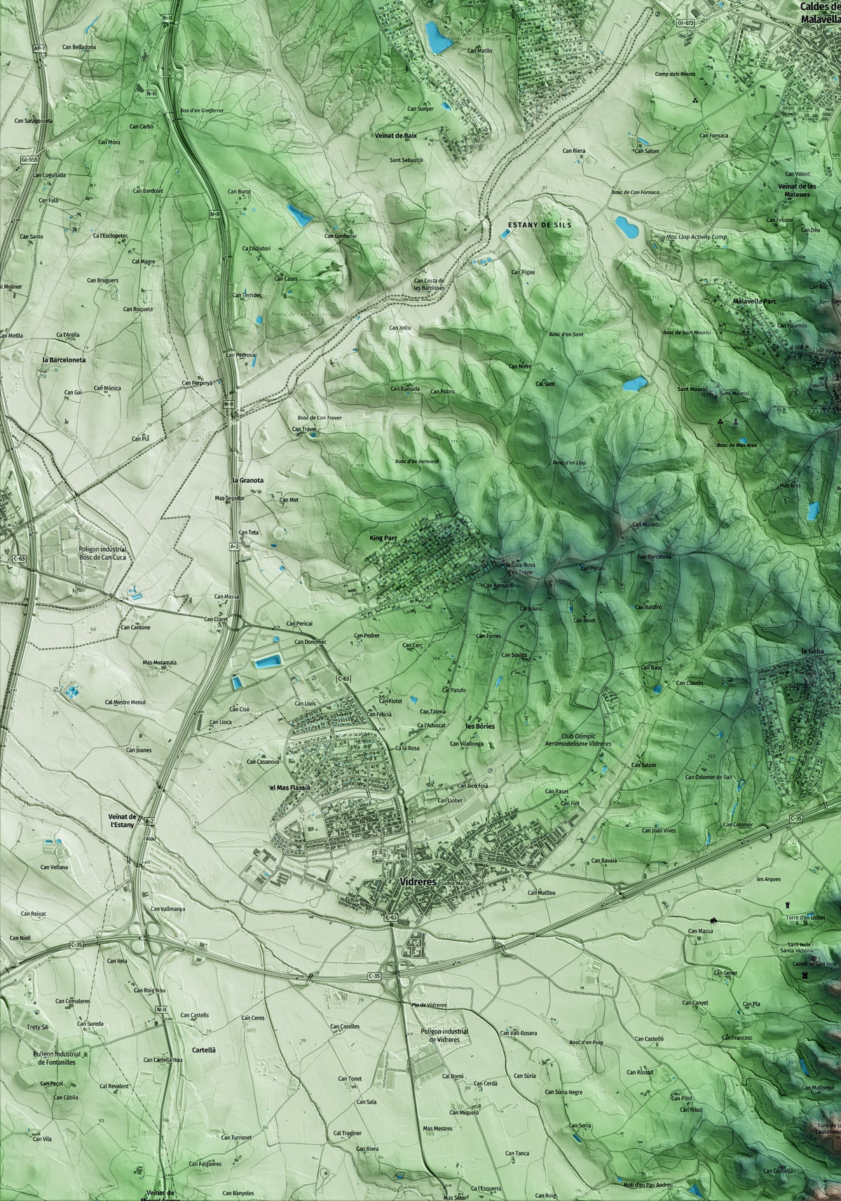 Mapa artístico del relieve de Caldes de Malavella, a la Selva, con 15 km de entorno y base topográfica ICGC. Detalle de la zona inferior izquierda.