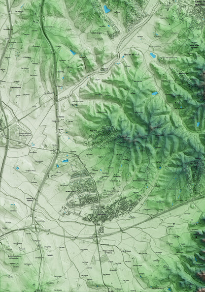 Mapa artístico del relieve de Caldes de Malavella, a la Selva, con 15 km de entorno y base topográfica ICGC. Detalle de la zona inferior izquierda.