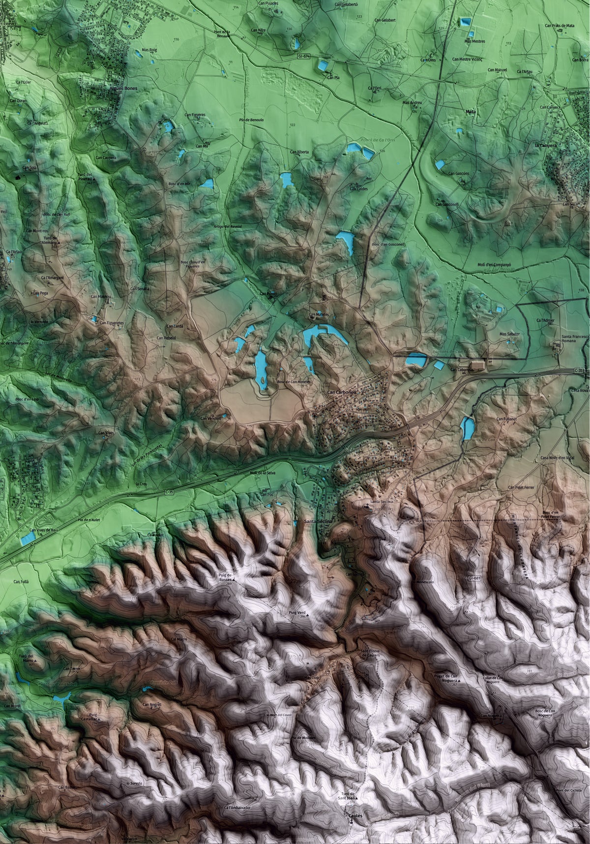 Mapa artístico del relieve de Caldes de Malavella, a la Selva, con 15 km de entorno y base topográfica ICGC. Detalle de la zona inferior derecha.